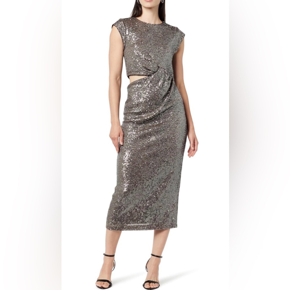 2x$50- Sequined Cutout Midi Dress in Gunmetal